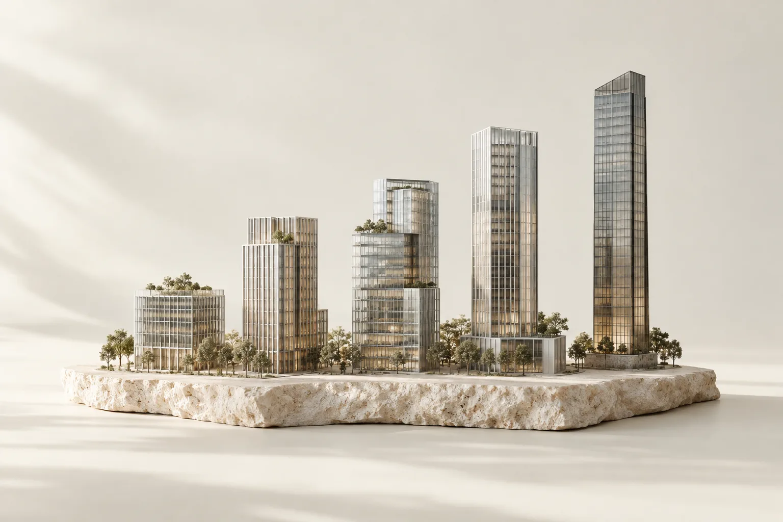 A miniature city of glass towers on a stone base
